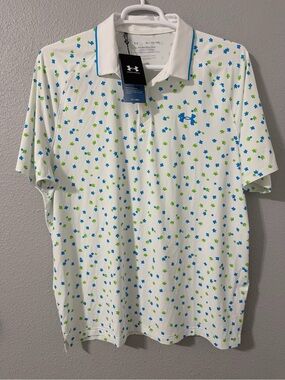 Under Armour Iso-Chill Men's Floral Polo Shirt White Blue Green Golf Top XL NWT